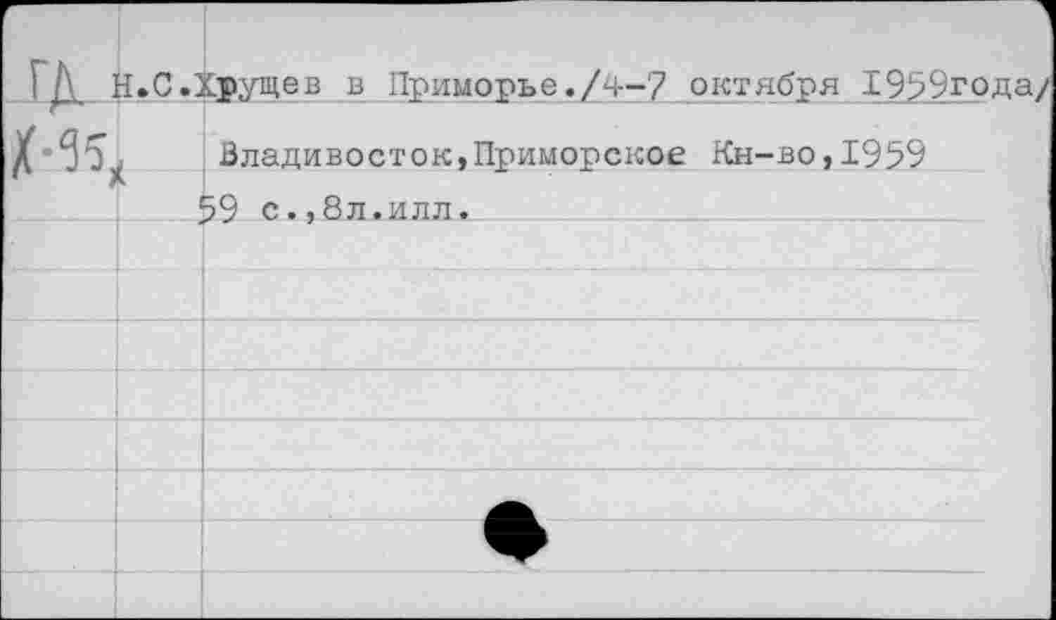 ﻿Н.С.Хрущев в Приморье./4-7 октября 1959года/
Владивосток,Приморское Кн-во,1959 59 с.,8л.илл.